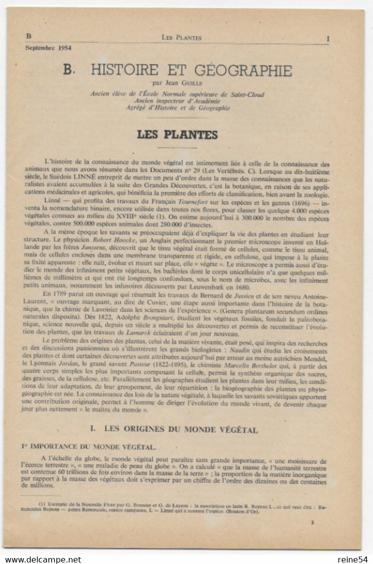 EDSCO DOCUMENTS- - LES PLANTES. N° 1 De Septembre 1954- 2e Année-Pochette N°26support Enseignants-Les Editions Scolaires - Fichas Didácticas