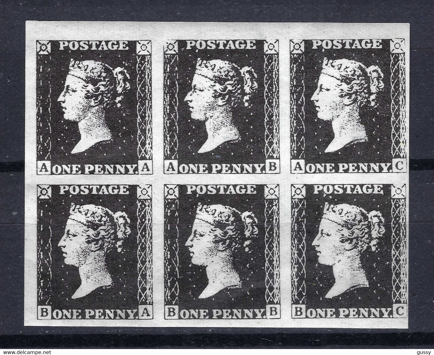 GRANDE BRETAGNE 1840: Bloc De 6 Du Y&T 1 Neufs**, Lettres AA-AC,BA-BC, TB Mais FAC SIMILE - Unused Stamps