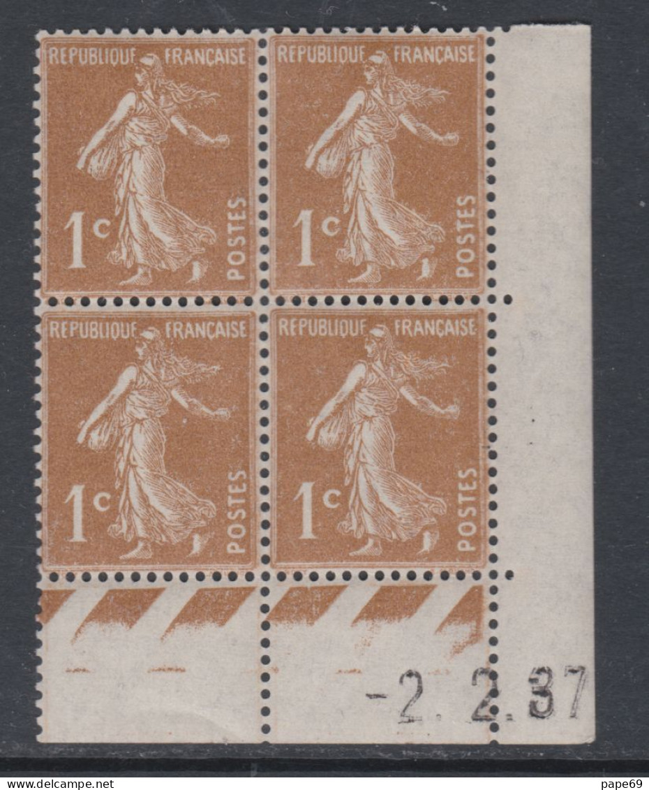 France N° 277B XX Type Semeuse : 1 C. Bistre-brun En Bloc De 4 Coin Daté Du 2 . 2 . 37, Sans Point Blanc, Sans Char. TB - 1930-1939