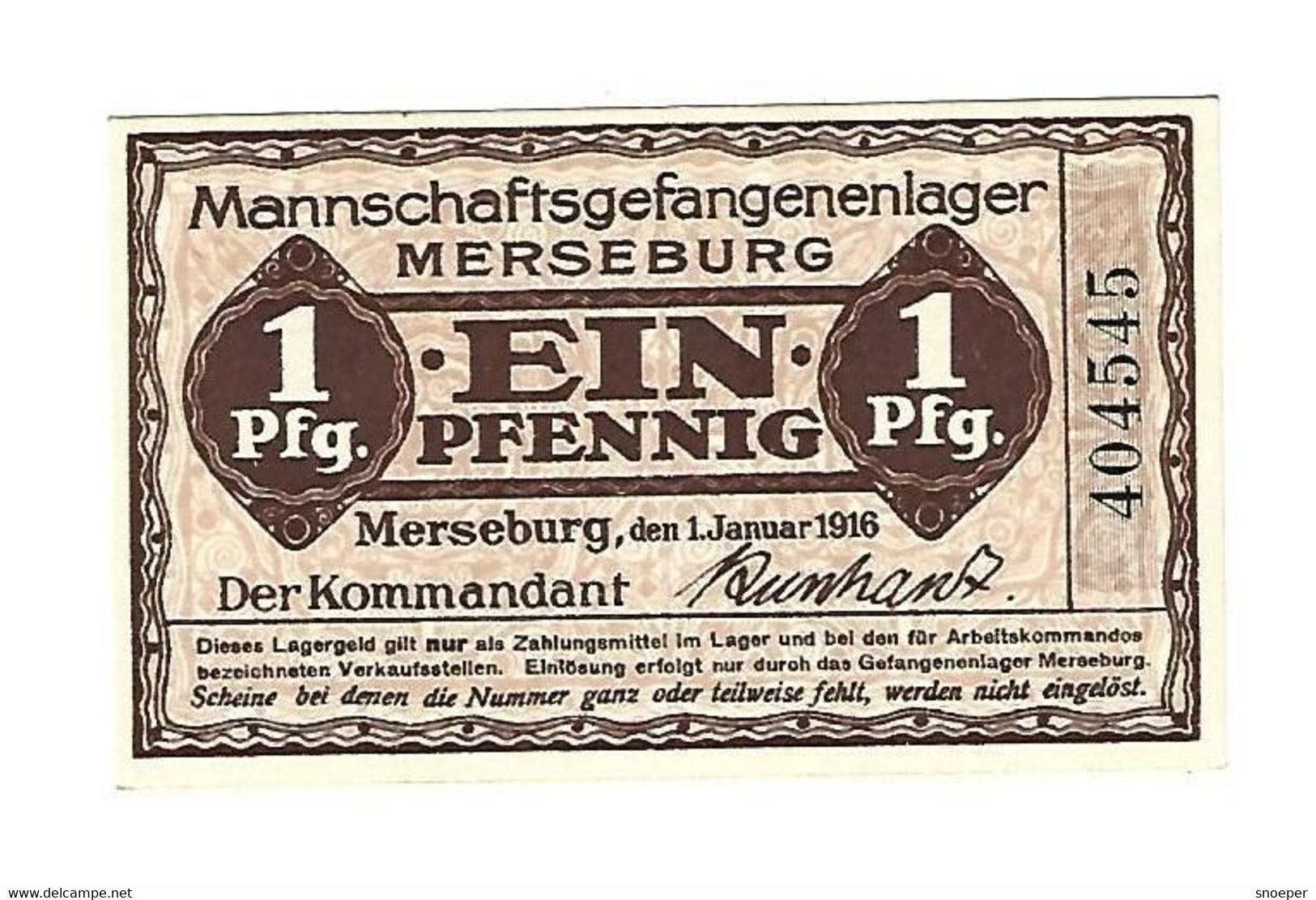 *germany Mannschaftsgefangenen Lager  Merseburg 1 Pfennig  1916  05.01 - Sonstige & Ohne Zuordnung