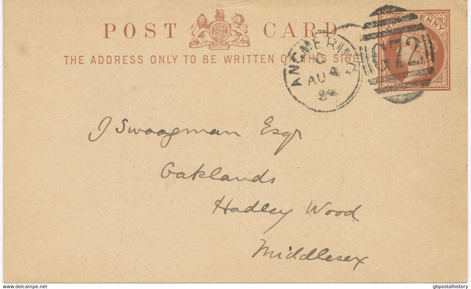 GB 1894 QV ½d Brown Thin Buff Card Superb Used With Rare Duplex Postmark „ANGMERING / G72“ (Littlehampton) AUTOGRAPHED - Storia Postale