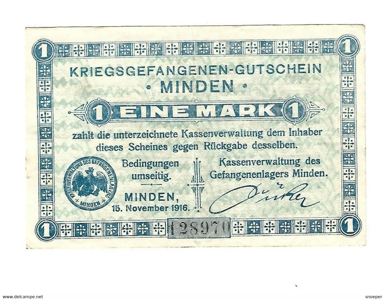 *germany Kriegsgefangenen Lager  Minden 1 Mark 05.30 - Autres & Non Classés