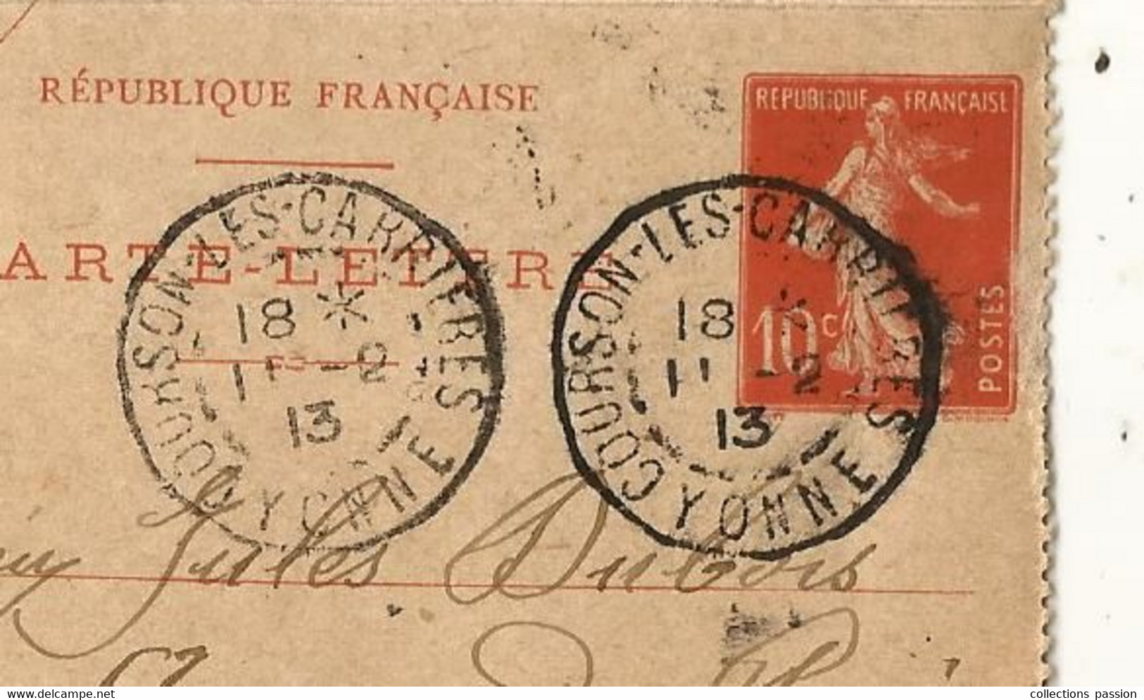 Entier Postal Sur Carte Lettre,  COURSON LES CARRIERES Pour AUXERRE,  YONNE,  1913,  3 Scans - Letter Cards