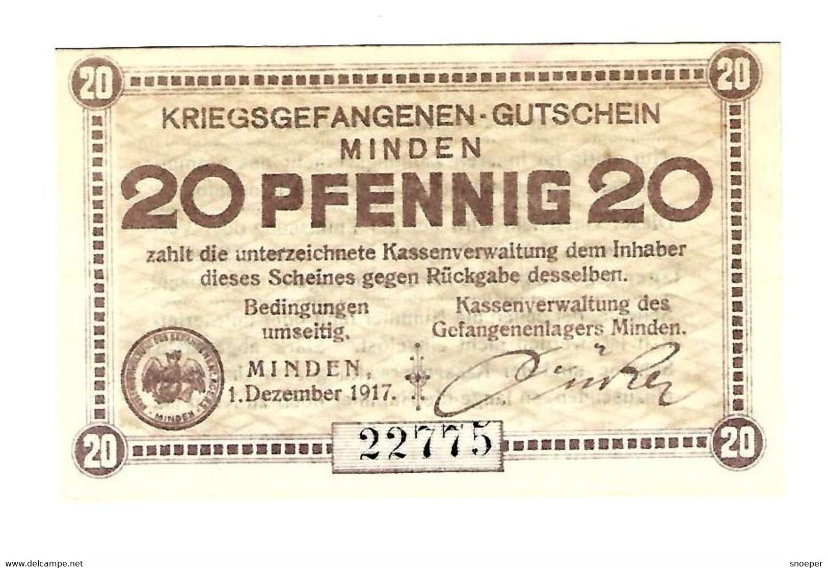 *germany Kriegsgefangenenlager  Minden 20 Pfennig   05.51.1 - Andere & Zonder Classificatie