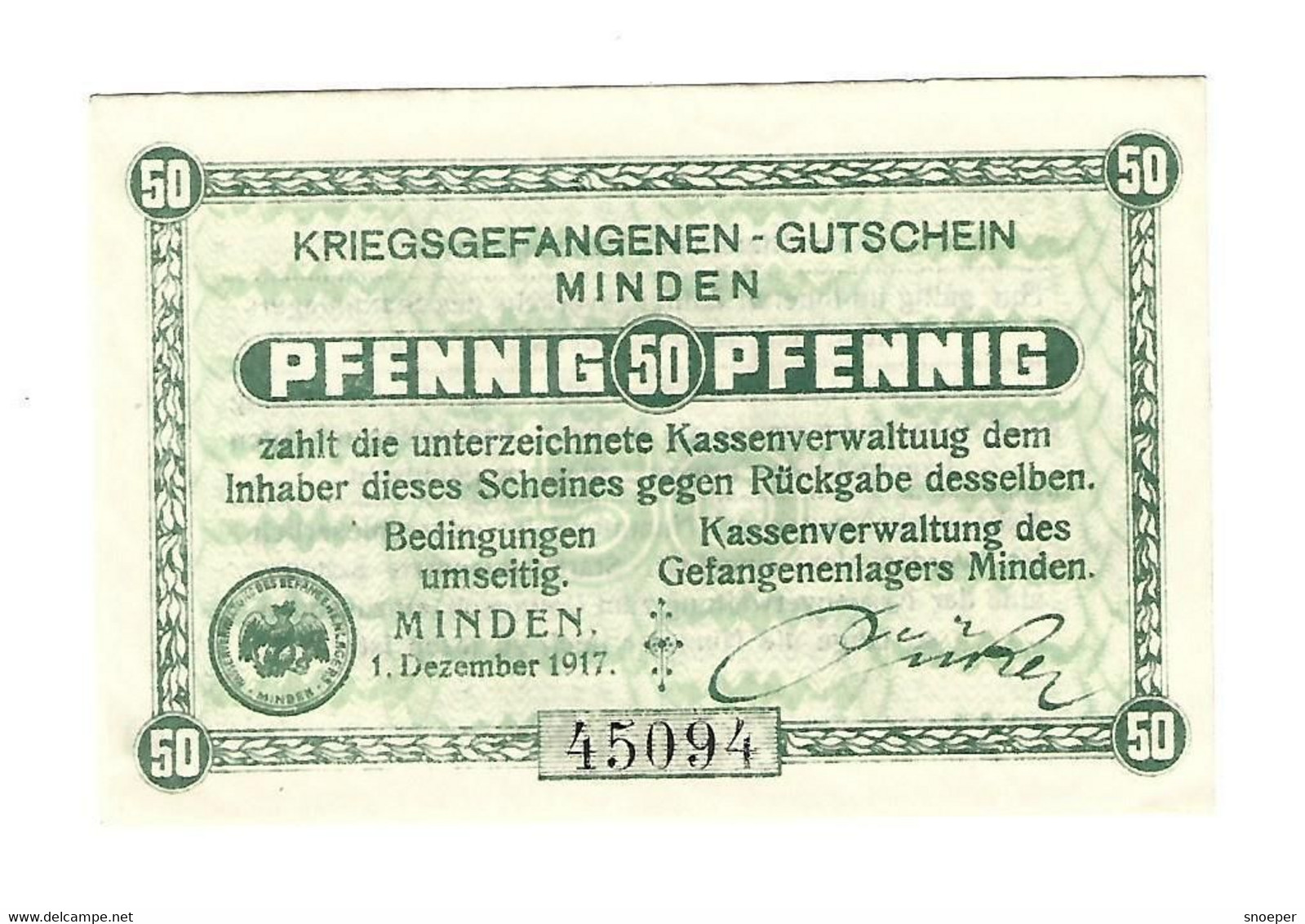 *germany Kriegsgefangenenlager  Minden 50 Pfennig   05.52.1 - Autres & Non Classés
