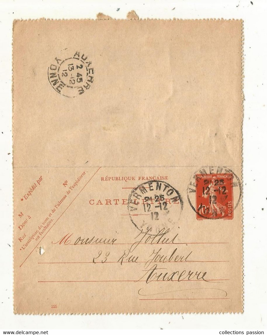 Entier Postal Sur Carte Lettre,  VERMENTON Pour AUXERRE,  YONNE,  1912,  3 Scans - Cartoline-lettere