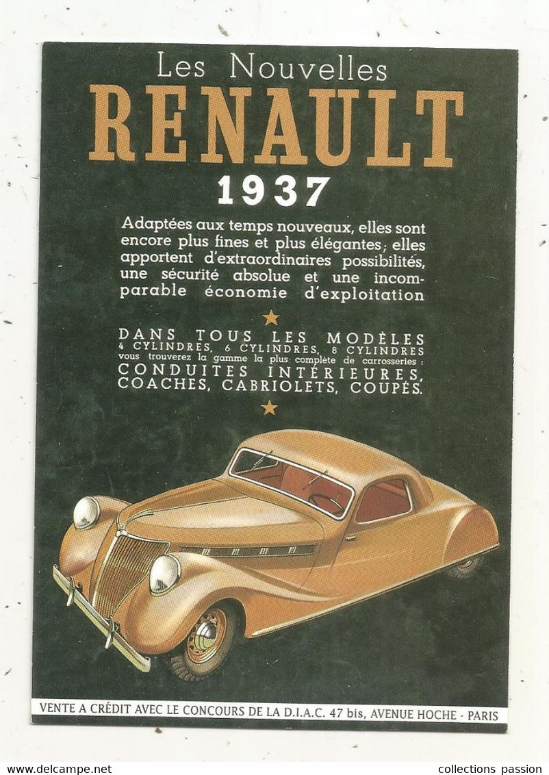 Cp , Collection LES ANCÊTRES DE L'AUTOMOBILE , Vierge  , Les Nouvelles RENAULT 1937 - PKW