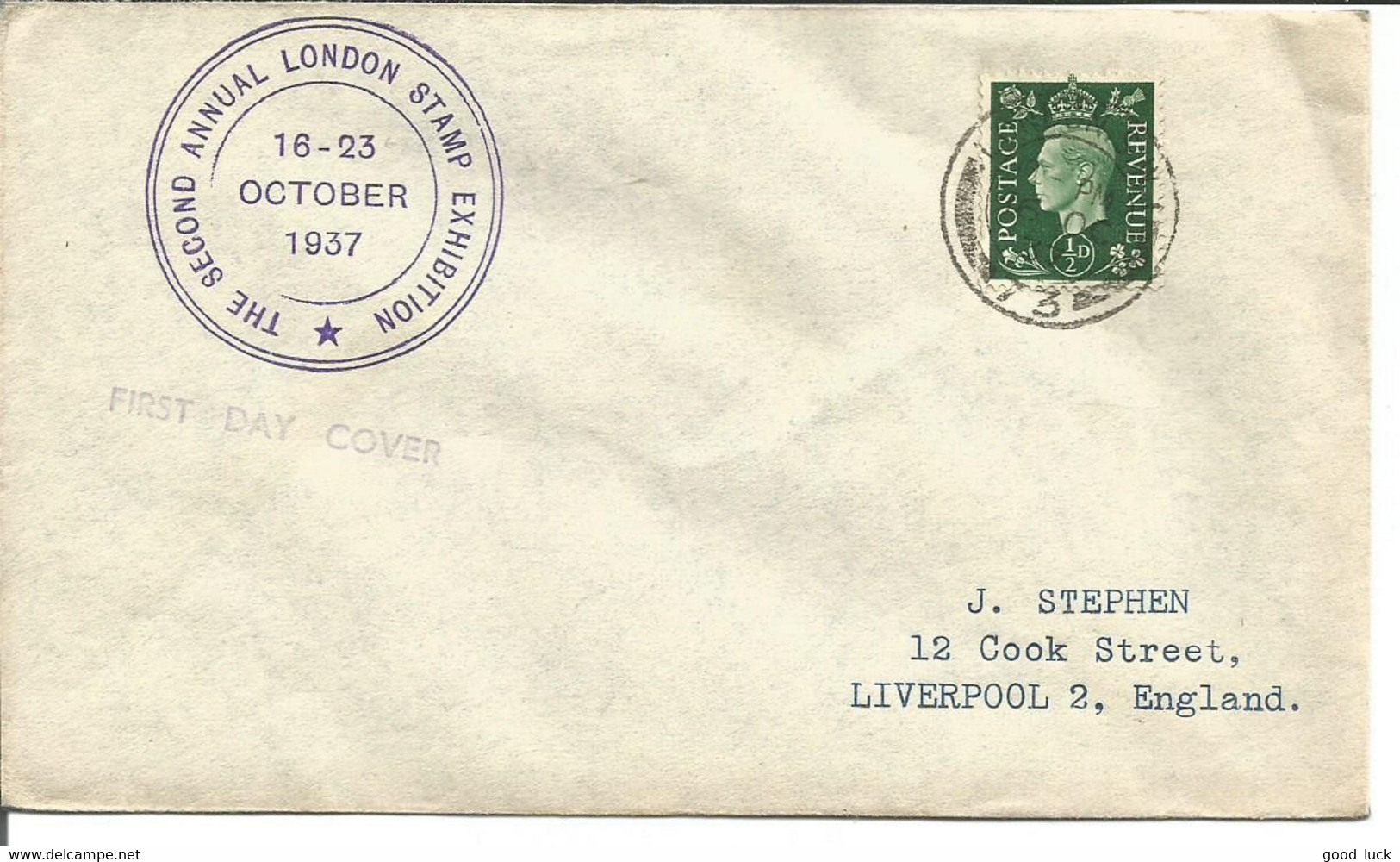 1/2 D. Vert Obl. Càd LONDON 1937 FDC Pour LIVERPOOL (enveloppe) - Brieven En Documenten