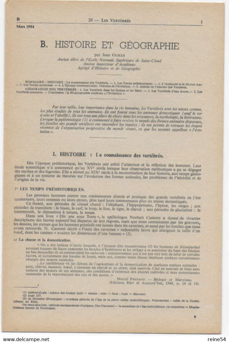 EDSCO DOCUMENTS- Les Animaux VERTEBRES. N° 7 De Mars 1954-Pochette N°29 Support Enseignants-Les Editions Scolaires - Fiches Didactiques