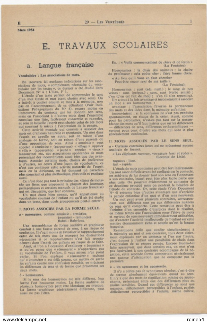 EDSCO DOCUMENTS- Les Animaux VERTEBRES. N° 7 De Mars 1954-Pochette N°29 Support Enseignants-Les Editions Scolaires - Fiches Didactiques