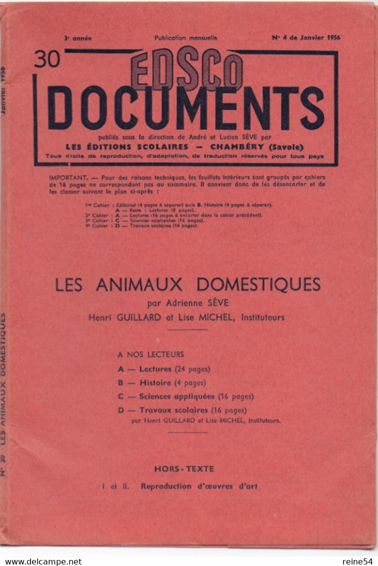 EDSCO DOCUMENTS- LES ANIMAUX DOMESTIQUES-. N°4 Janvier 1956-Pochette N°30 Support Enseignants-Les Editions Scolaires - Lesekarten