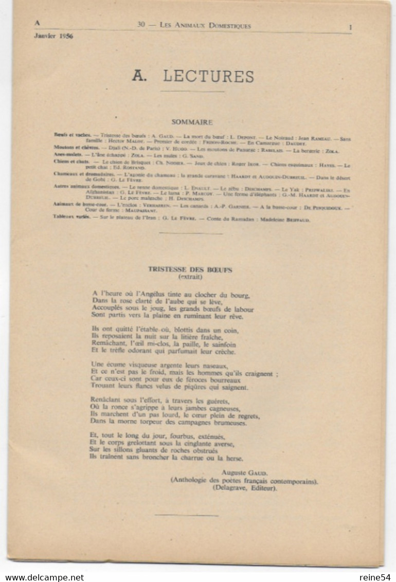 EDSCO DOCUMENTS- LES ANIMAUX DOMESTIQUES-. N°4 Janvier 1956-Pochette N°30 Support Enseignants-Les Editions Scolaires - Fiches Didactiques