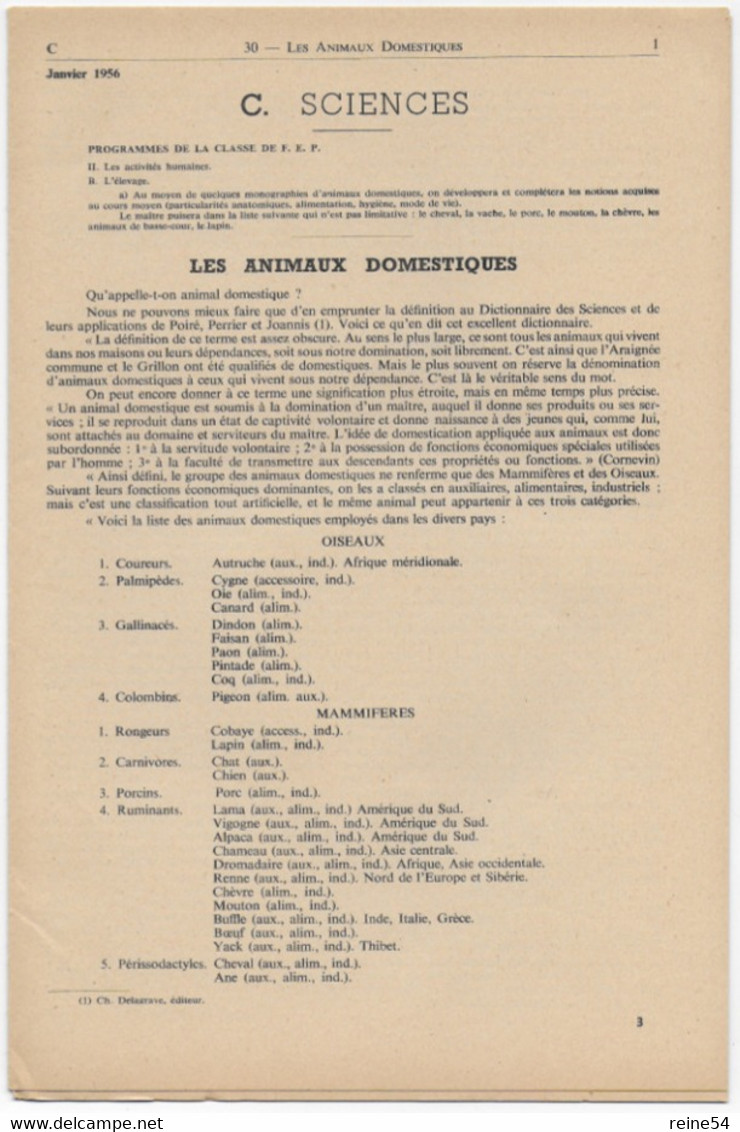 EDSCO DOCUMENTS- LES ANIMAUX DOMESTIQUES-. N°4 Janvier 1956-Pochette N°30 Support Enseignants-Les Editions Scolaires - Schede Didattiche