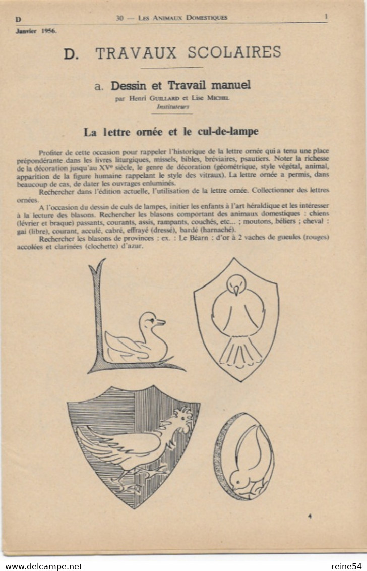 EDSCO DOCUMENTS- LES ANIMAUX DOMESTIQUES-. N°4 Janvier 1956-Pochette N°30 Support Enseignants-Les Editions Scolaires - Fichas Didácticas