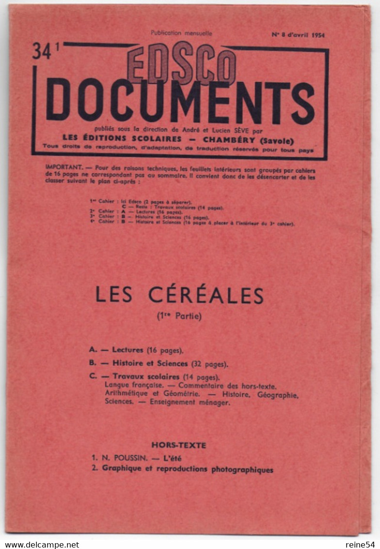 EDSCO DOCUMENTS- LES CEREALES-. N°8 Avril 1954-Pochette N°34-1ère Partie- Support Enseignants-Les Editions Scolaires - Fichas Didácticas