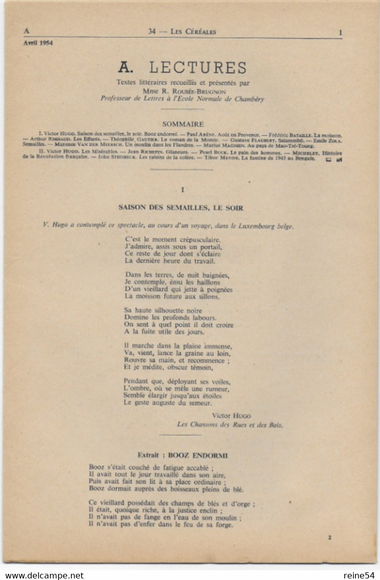 EDSCO DOCUMENTS- LES CEREALES-. N°8 Avril 1954-Pochette N°34-1ère Partie- Support Enseignants-Les Editions Scolaires - Fiches Didactiques