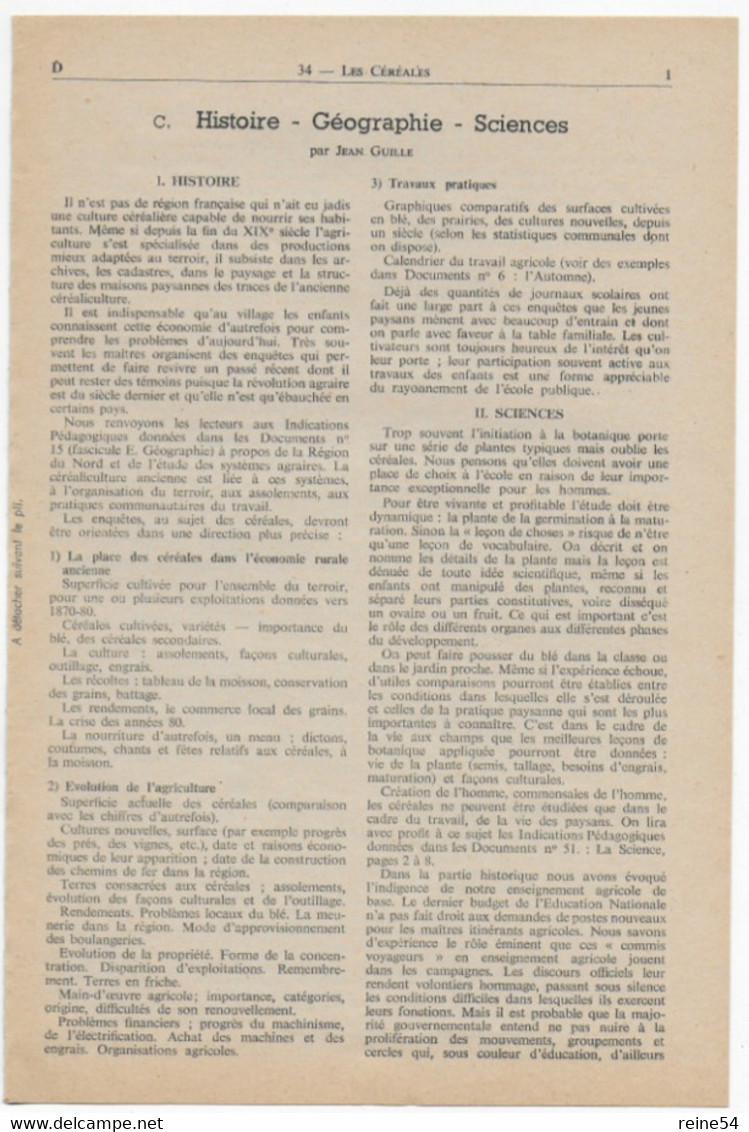 EDSCO DOCUMENTS- LES CEREALES-. N°8 Avril 1954-Pochette N°34-1ère Partie- Support Enseignants-Les Editions Scolaires - Fichas Didácticas