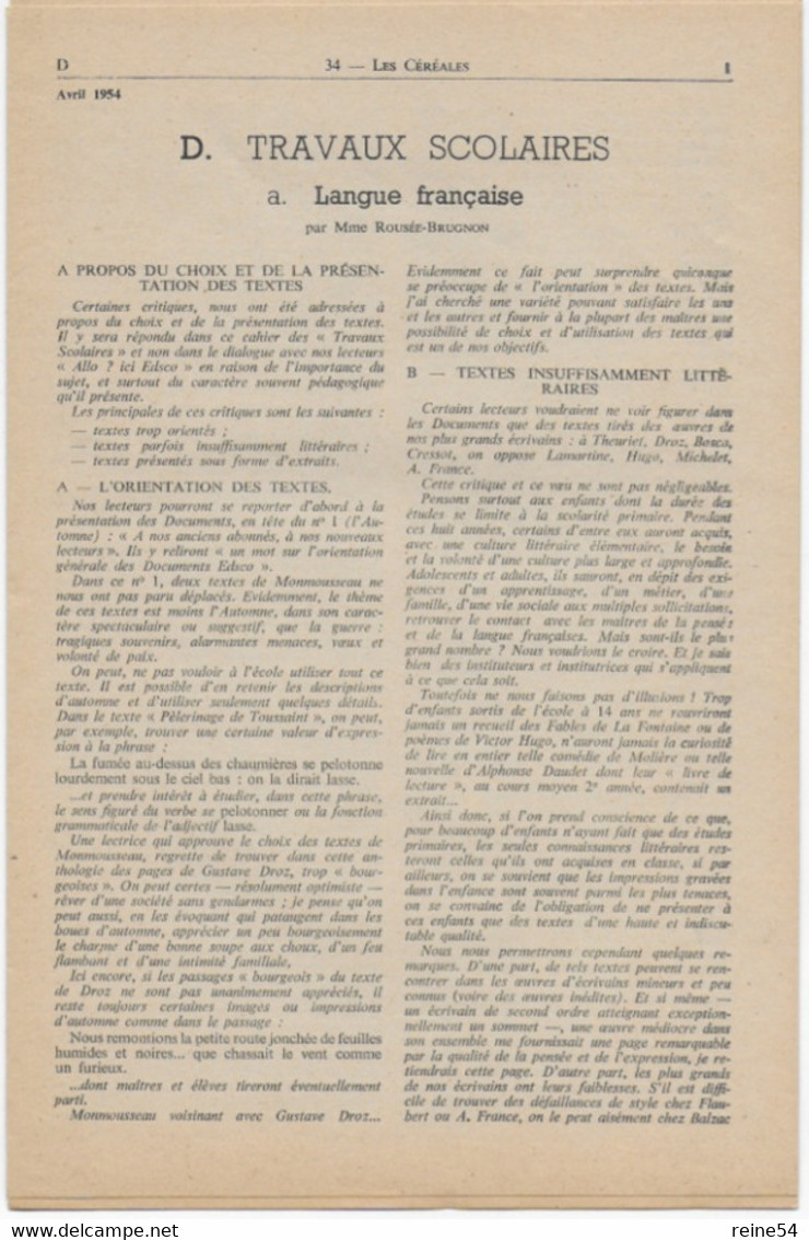 EDSCO DOCUMENTS- LES CEREALES-. N°8 Avril 1954-Pochette N°34-1ère Partie- Support Enseignants-Les Editions Scolaires - Lesekarten