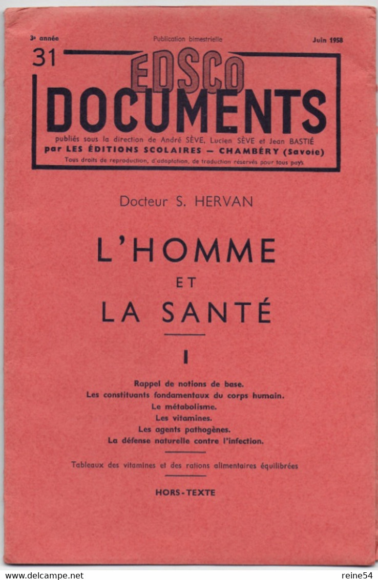 EDSCO DOCUMENTS- L'HOMME Et LA SANTE-.3e Année - Juin1958 -Pochette N°31 Support Enseignants-Les Editions Scolaires - Learning Cards