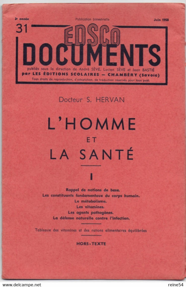 EDSCO DOCUMENTS- L'HOMME Et LA SANTE-.3e Année - Juin1958 -Pochette N°31 Support Enseignants-Les Editions Scolaires - Fiches Didactiques