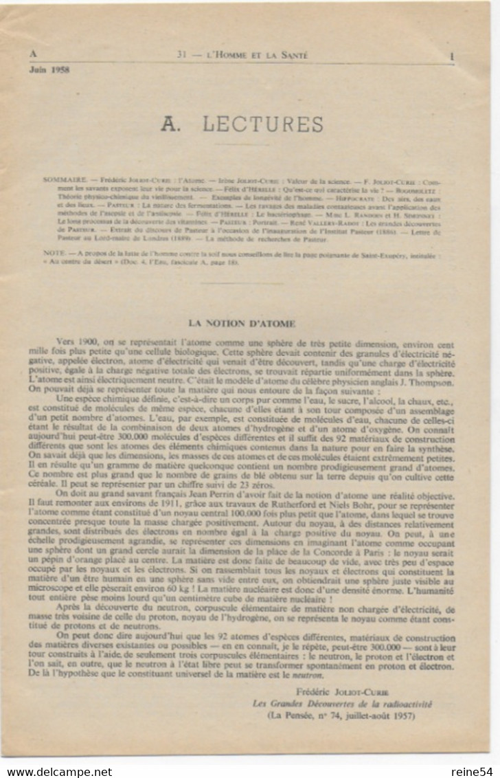 EDSCO DOCUMENTS- L'HOMME Et LA SANTE-.3e Année - Juin1958 -Pochette N°31 Support Enseignants-Les Editions Scolaires - Schede Didattiche