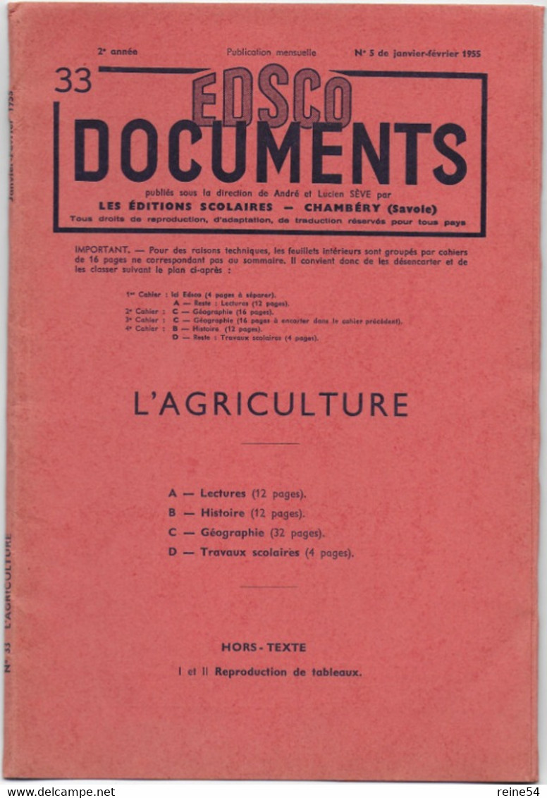 EDSCO DOCUMENTS- L'AGRICULTURE-.2e Année - Janvier-février1955-Pochette N°33 Support Enseignants-Les Editions Scolaires - Schede Didattiche