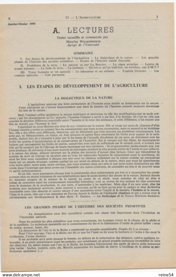 EDSCO DOCUMENTS- L'AGRICULTURE-.2e Année - Janvier-février1955-Pochette N°33 Support Enseignants-Les Editions Scolaires - Lesekarten
