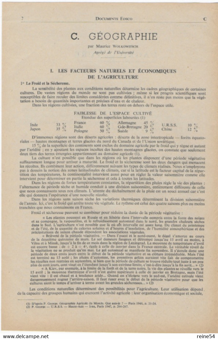 EDSCO DOCUMENTS- L'AGRICULTURE-.2e Année - Janvier-février1955-Pochette N°33 Support Enseignants-Les Editions Scolaires - Fiches Didactiques