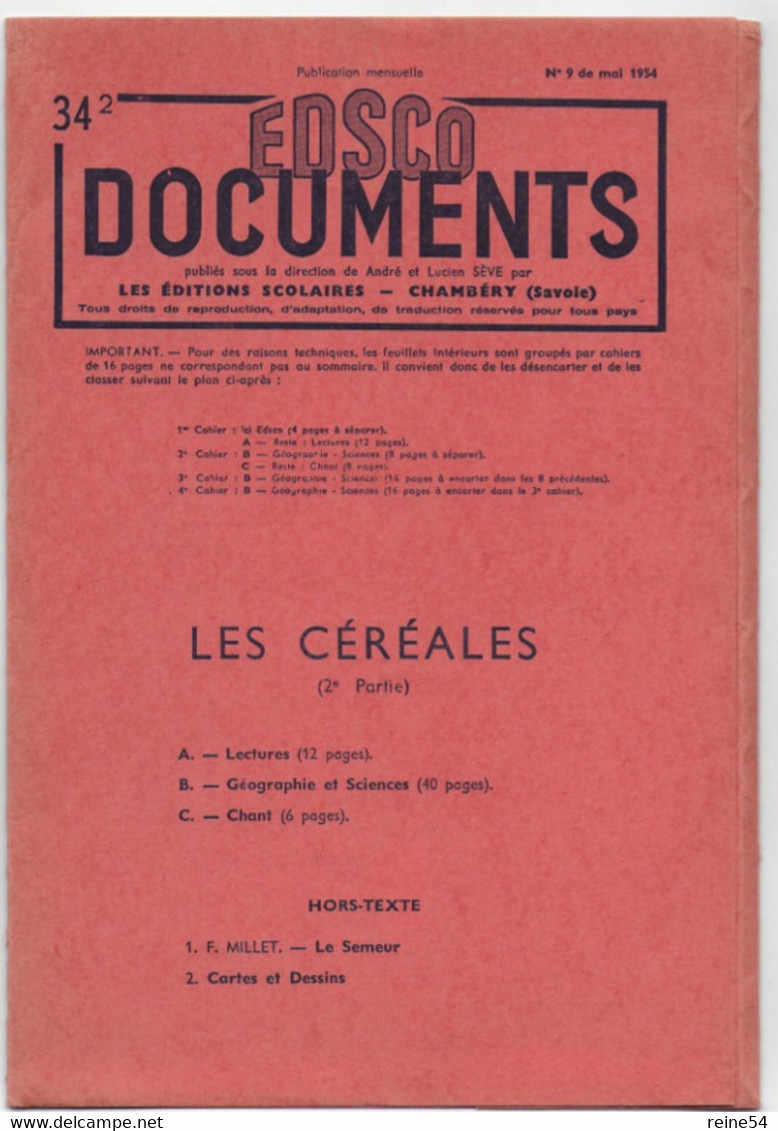 EDSCO DOCUMENTS- LES CEREALES-. N°9 Mai 1954-Pochette N°34-2ème Partie- Support Enseignants-Les Editions Scolaires - Schede Didattiche