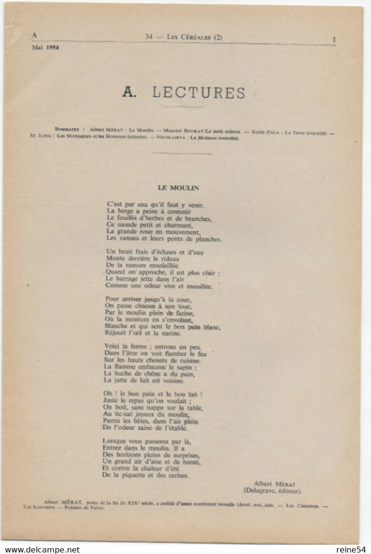 EDSCO DOCUMENTS- LES CEREALES-. N°9 Mai 1954-Pochette N°34-2ème Partie- Support Enseignants-Les Editions Scolaires - Fiches Didactiques