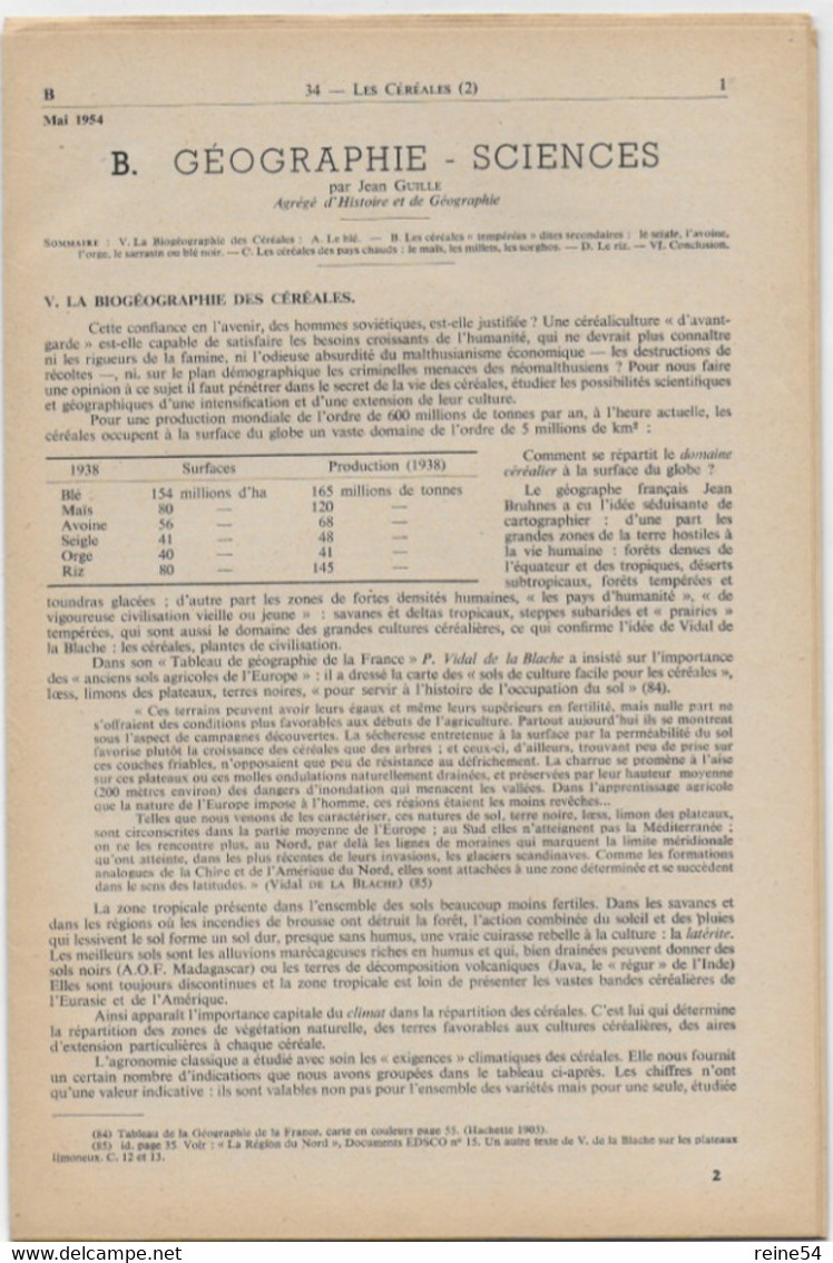 EDSCO DOCUMENTS- LES CEREALES-. N°9 Mai 1954-Pochette N°34-2ème Partie- Support Enseignants-Les Editions Scolaires - Fichas Didácticas