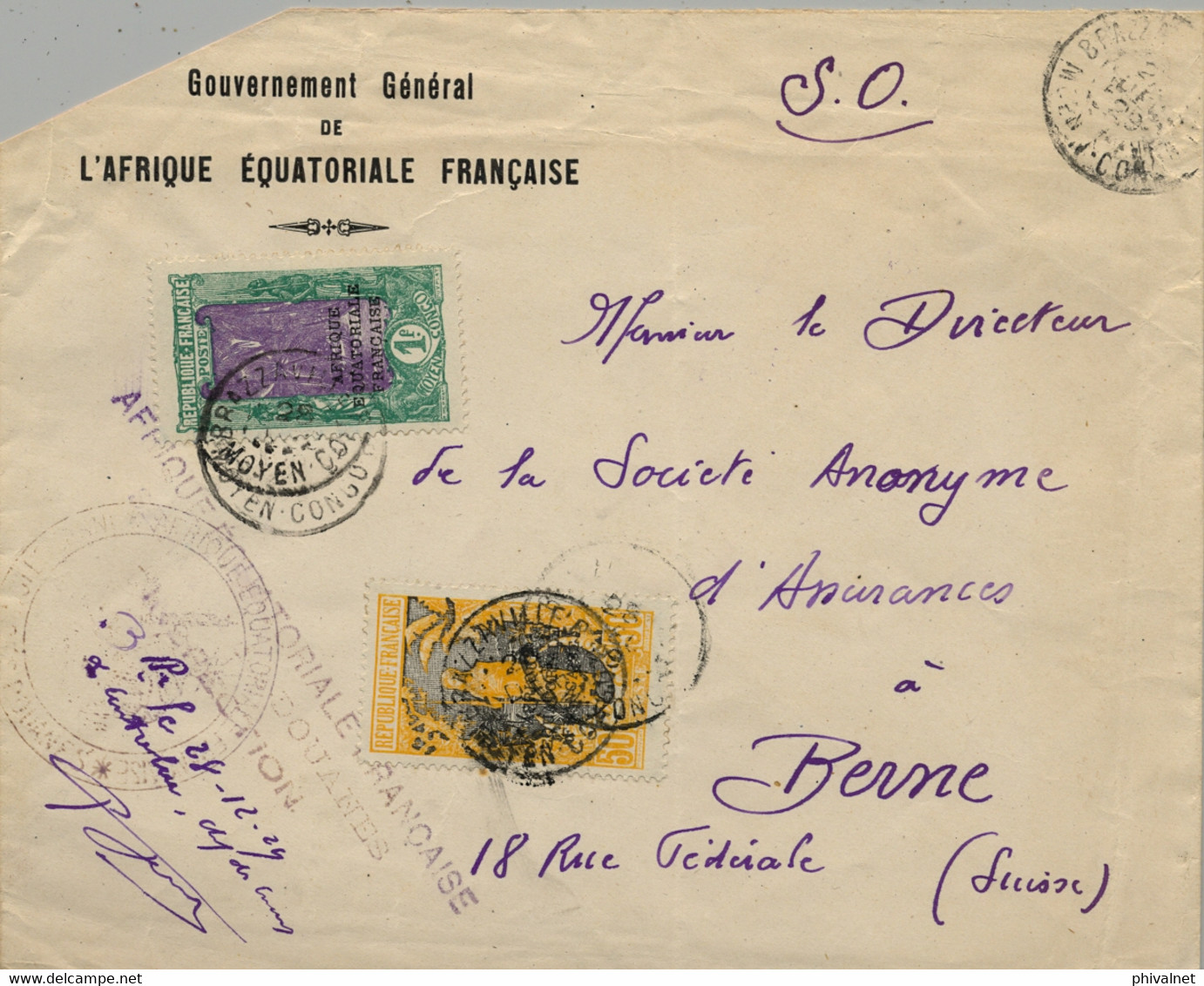 1929 CONGO FRANCÉS - AFRIQUE EQUATORIALE FRANÇAISE , BRAZZAVILLE - BERNE , DOUANES - INSPECTION , YV. 86 , 98 - Cartas & Documentos
