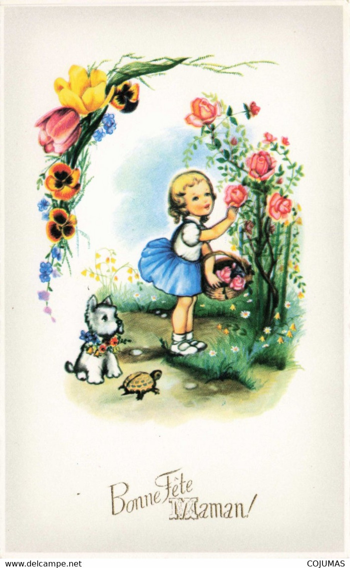 BONNE FETE MAMAN - S04635 - Fillette Cueillant Des Roses - Fleur - Chien - Tortue - Panier - L1 - Mother's Day