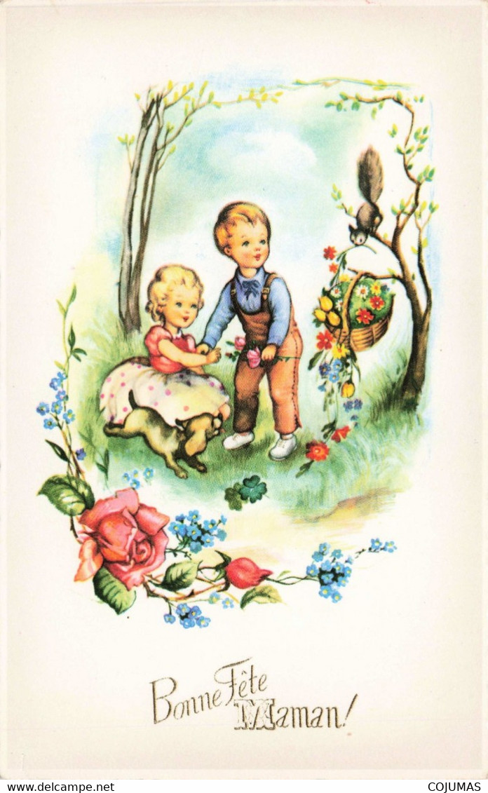 BONNE FETE MAMAN - S04637 - Enfants Jouant Avec Un Chien Et Regardant U écureuil è Fleurs - Panier - L1 - Fête Des Mères