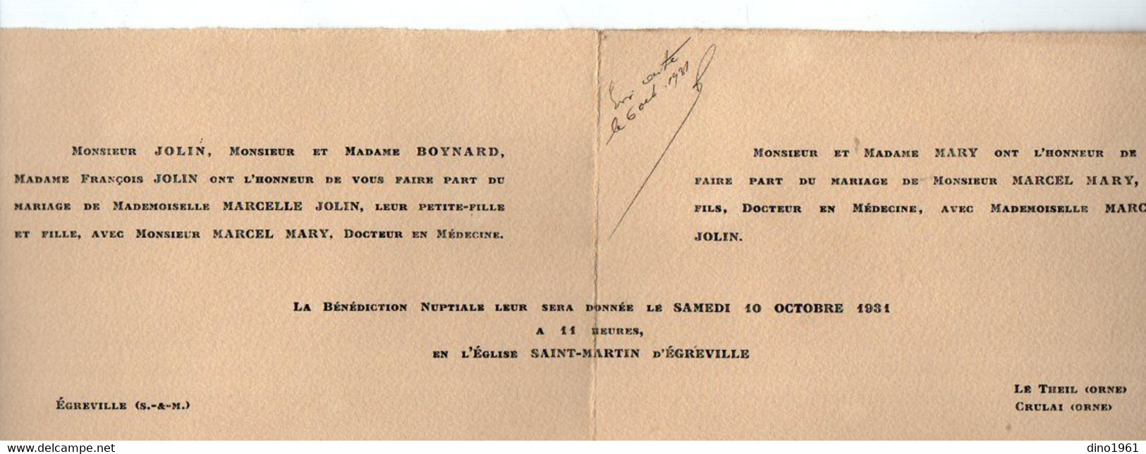 VP21.242 - EGREVILLE X CRULAI - 1931 - Faire - Part De Mariage De Mr Marcel MARY Avec Melle Marcelle JOLIN - Boda