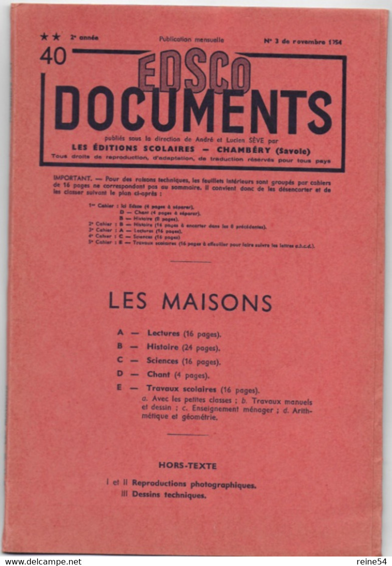 EDSCO DOCUMENTS- LES MAISONS-. N°3 Novembre 1954-Pochette N°40 Support Enseignants-Les Editions Scolaires - Lesekarten