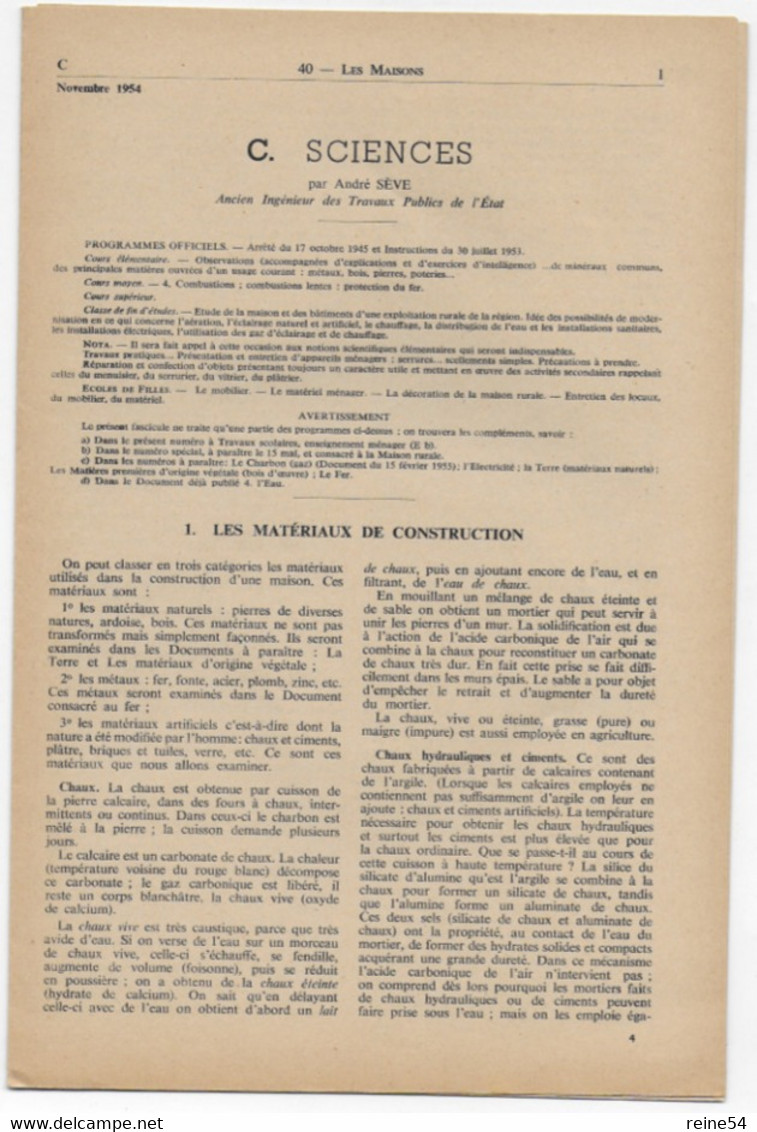 EDSCO DOCUMENTS- LES MAISONS-. N°3 Novembre 1954-Pochette N°40 Support Enseignants-Les Editions Scolaires - Didactische Kaarten