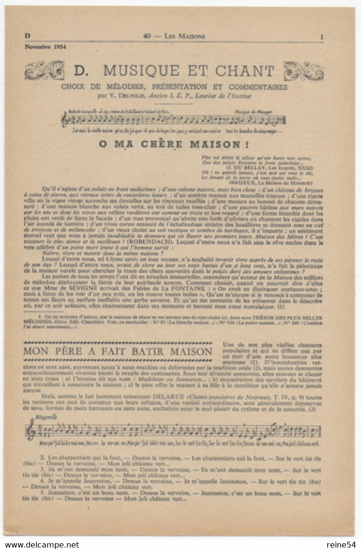 EDSCO DOCUMENTS- LES MAISONS-. N°3 Novembre 1954-Pochette N°40 Support Enseignants-Les Editions Scolaires - Schede Didattiche