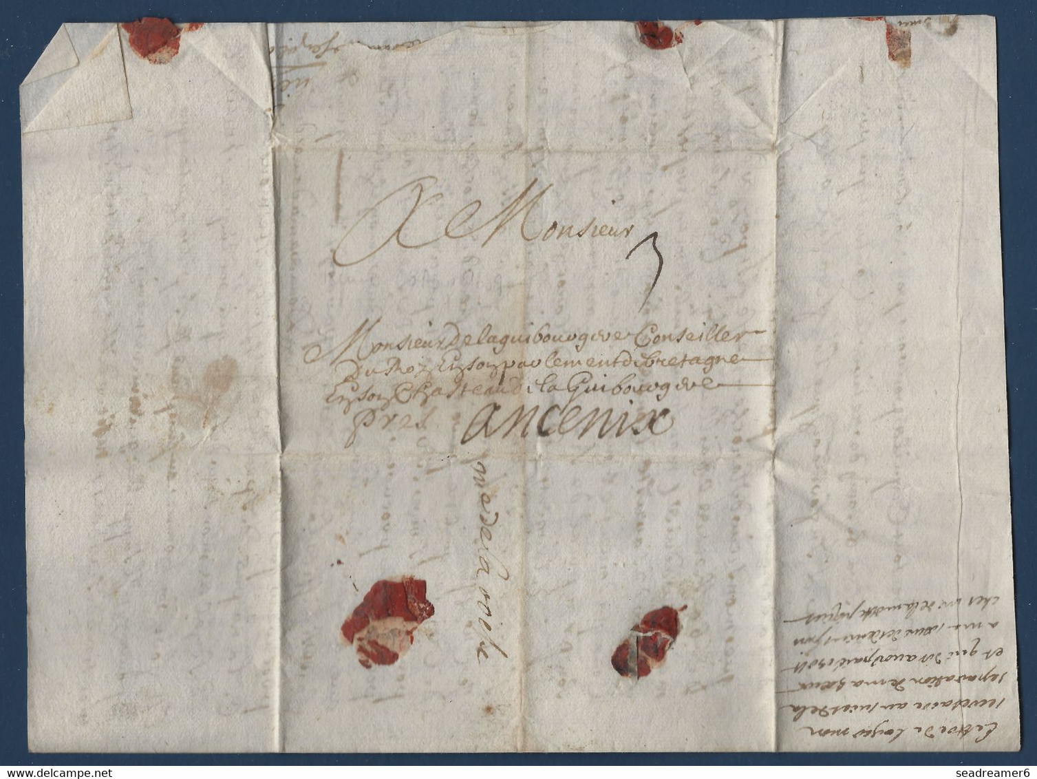 Lettre De 1689 Adréssée à Jacques Joachim Raoul Seigneur De La Guibourgère En Son Chateau Près Ancenis TAXE Manuscrite 3 - ....-1700: Precursors