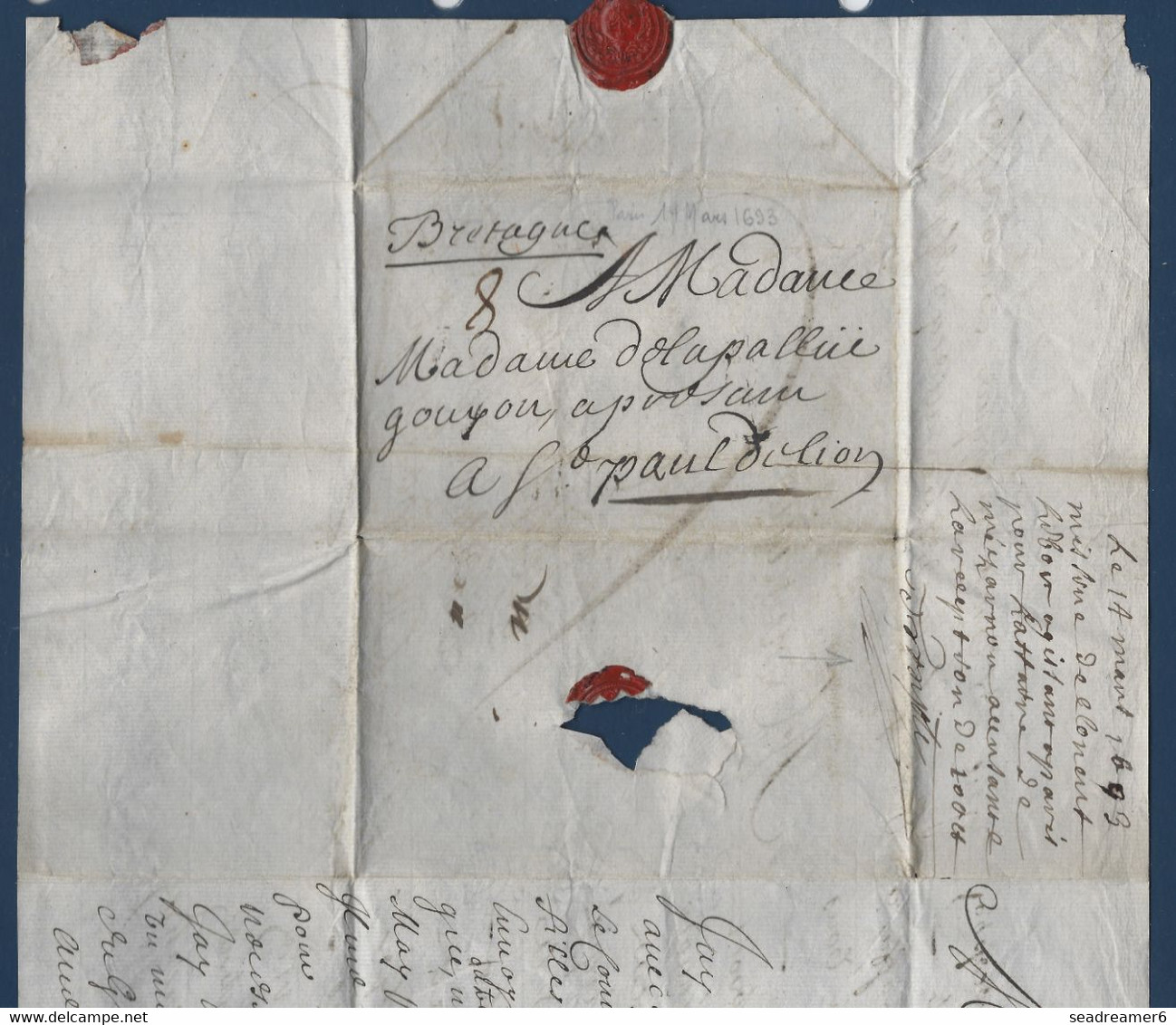 Lettre De PARIS De 1693 Adréssée à Mme De La .... GOUYON En BRETAGNE à ST PAUL De LION Taxe Manuscrite 8 Sols - ....-1700: Précurseurs