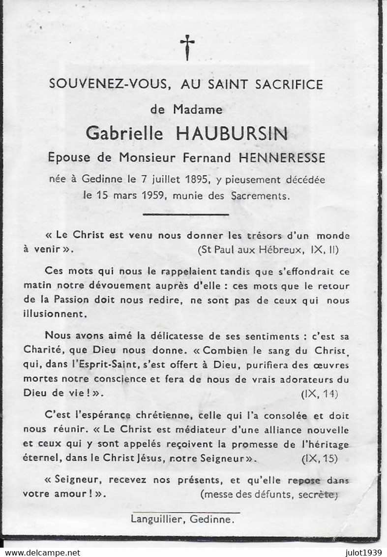 GEDINNE ..-- Mme Gabrielle HAUBURSIN , épouse De Mr Fernand HENNERESSE , Née En 1895 , Décédée En 1959 . - Gedinne