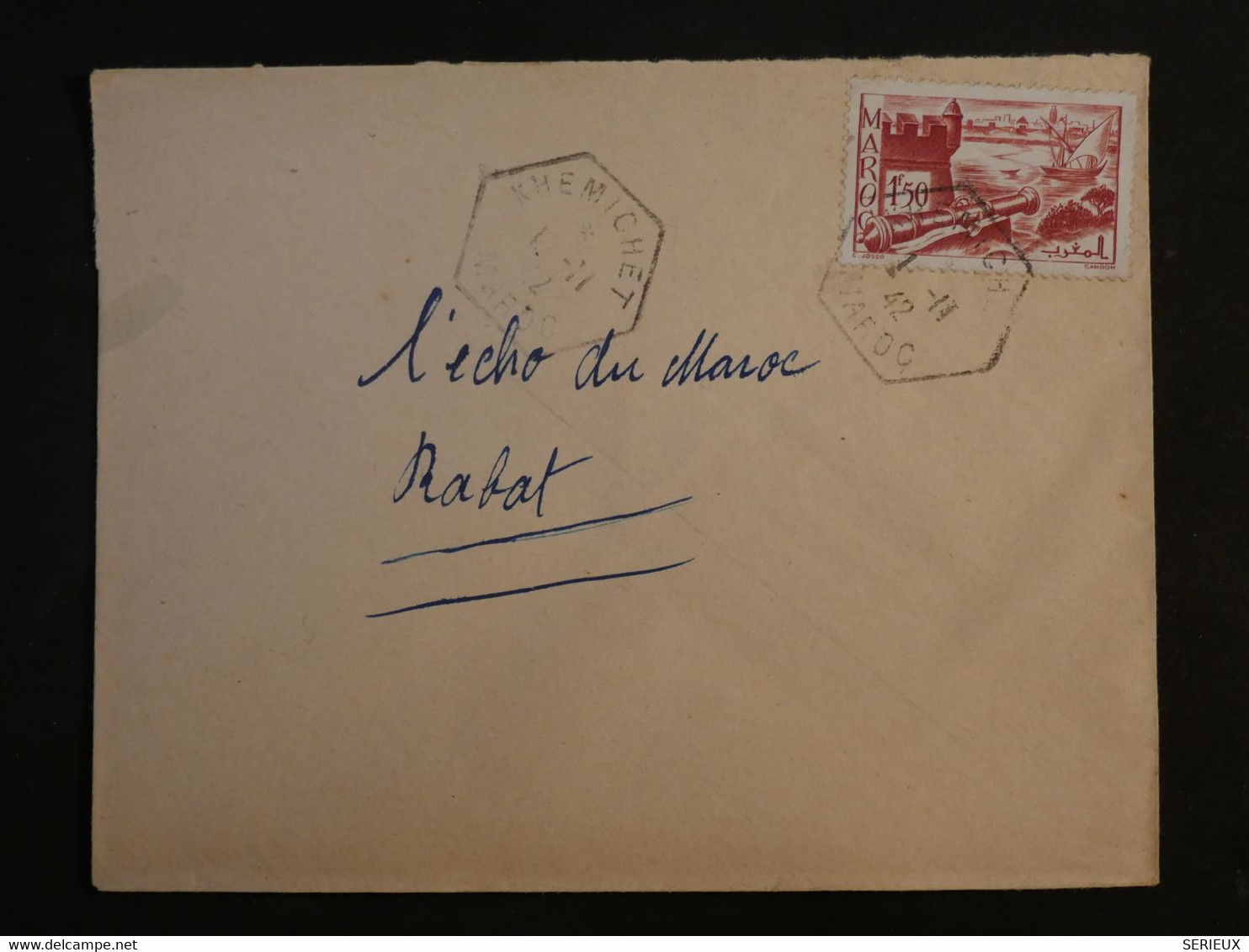 BJ14 MAROC BELLE LETTRE  1942 KHEMICHET  A  RABAT +CACHET HEXAGONAL + AFFRANCH. INTERESSANT - Lettres & Documents