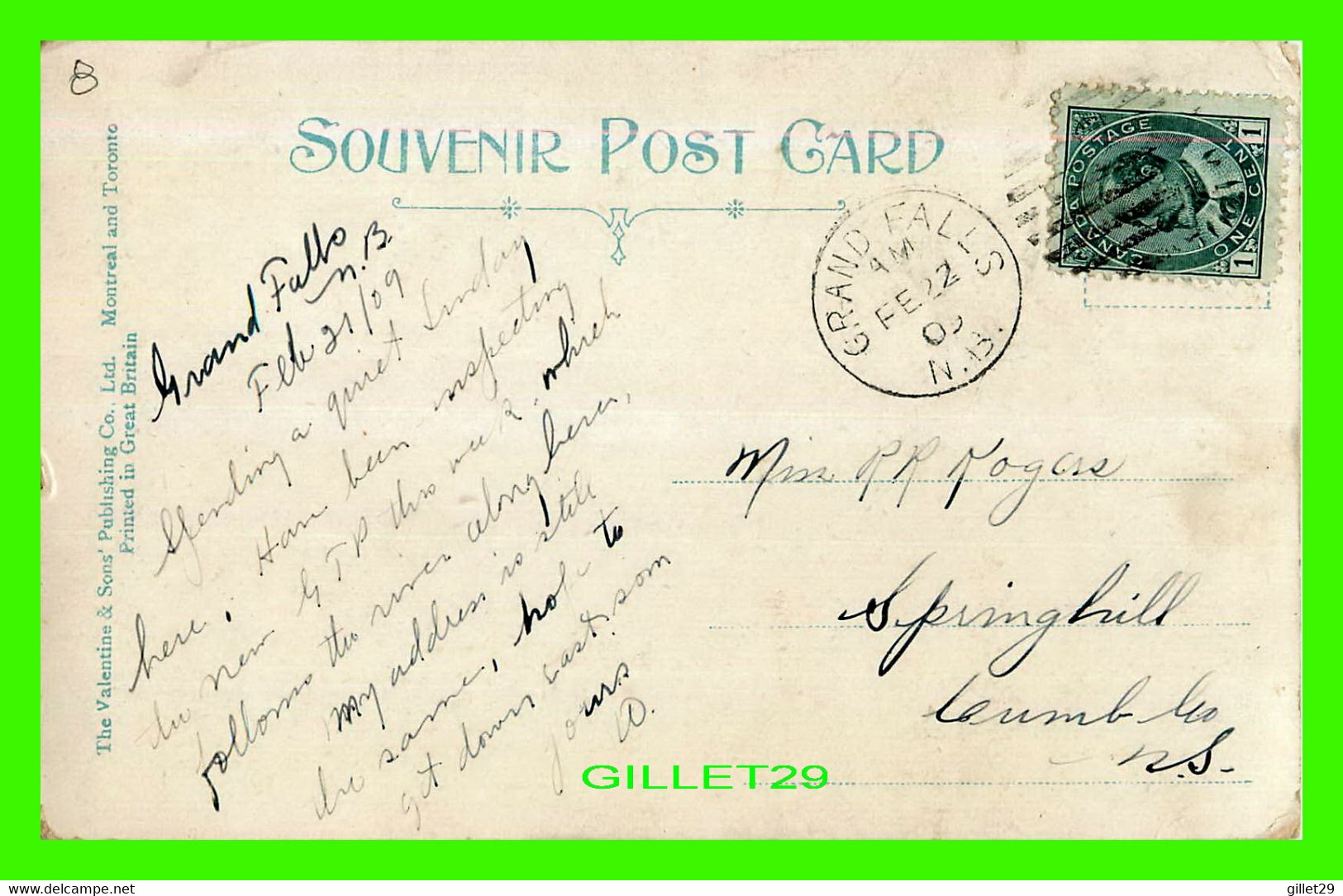 GRAND FALLS, NB AND LUMBER JAM -  TRAVEL IN 1909 -  THE VALENTINE & SONS PUB. CO LTD - - Grand Falls