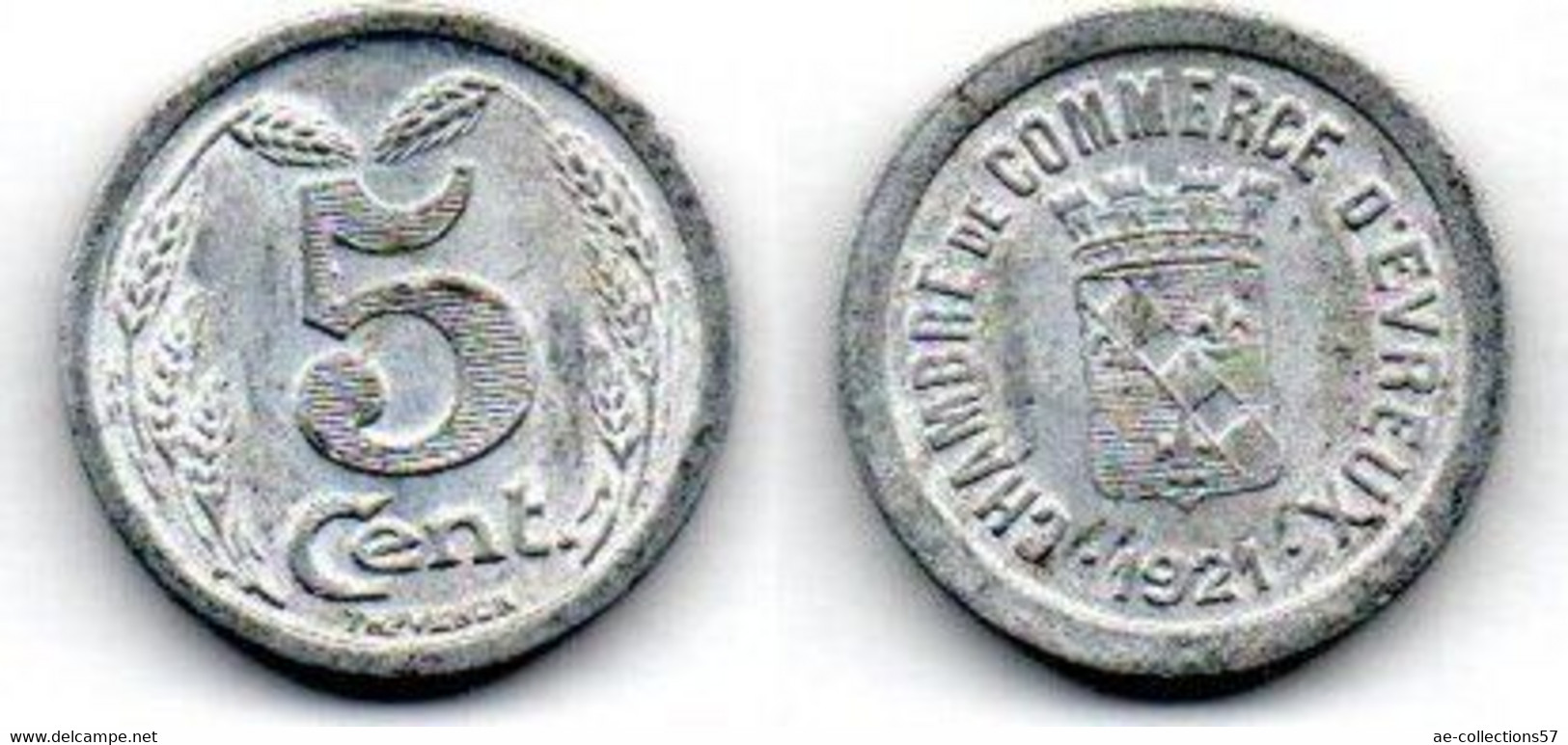 Evreux 5 Centimes 1921 TTB+ - Monétaires / De Nécessité