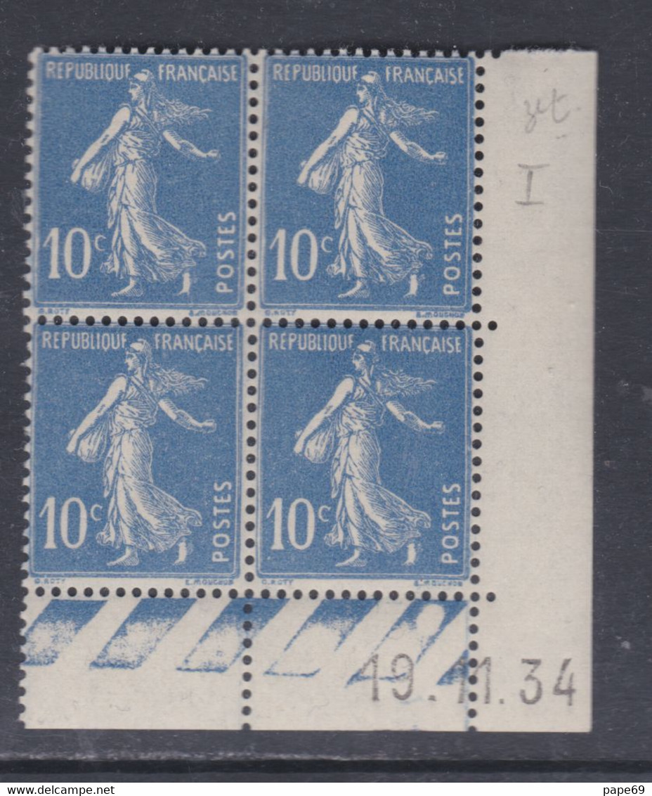 France N° 279 XX Type Semeuse : 10 C. Outremer En Bloc De 4 Coin Daté Du 19. 11. 34 ;  1 Pt Blanc Sans Charnière, TB - 1930-1939