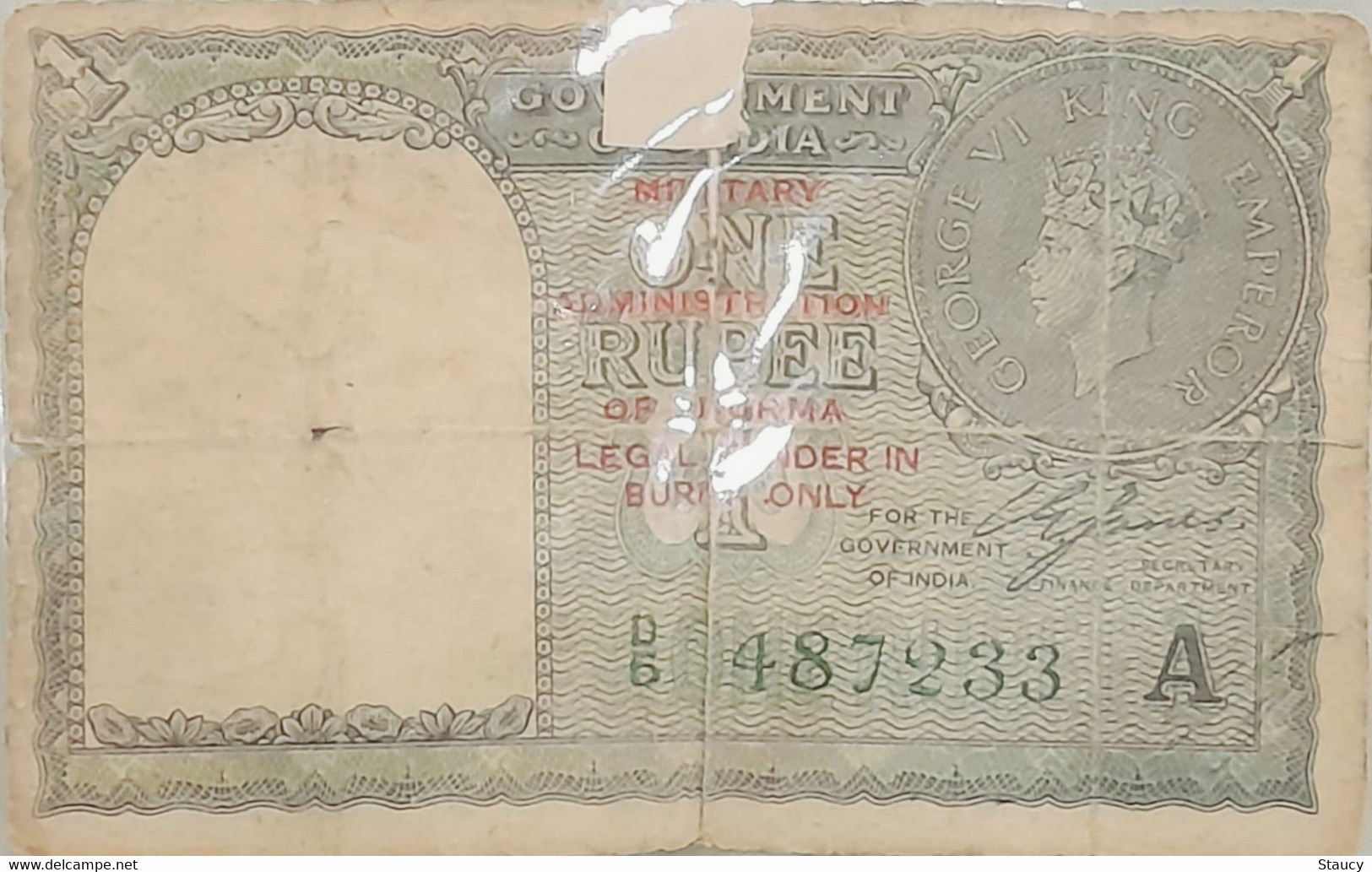 British India / BURMA 1940 King George KGVI Rs.1 One Rupee C E Jones "Ovpt. BURMA LEGAL TENDER" As Per Scan - Inde