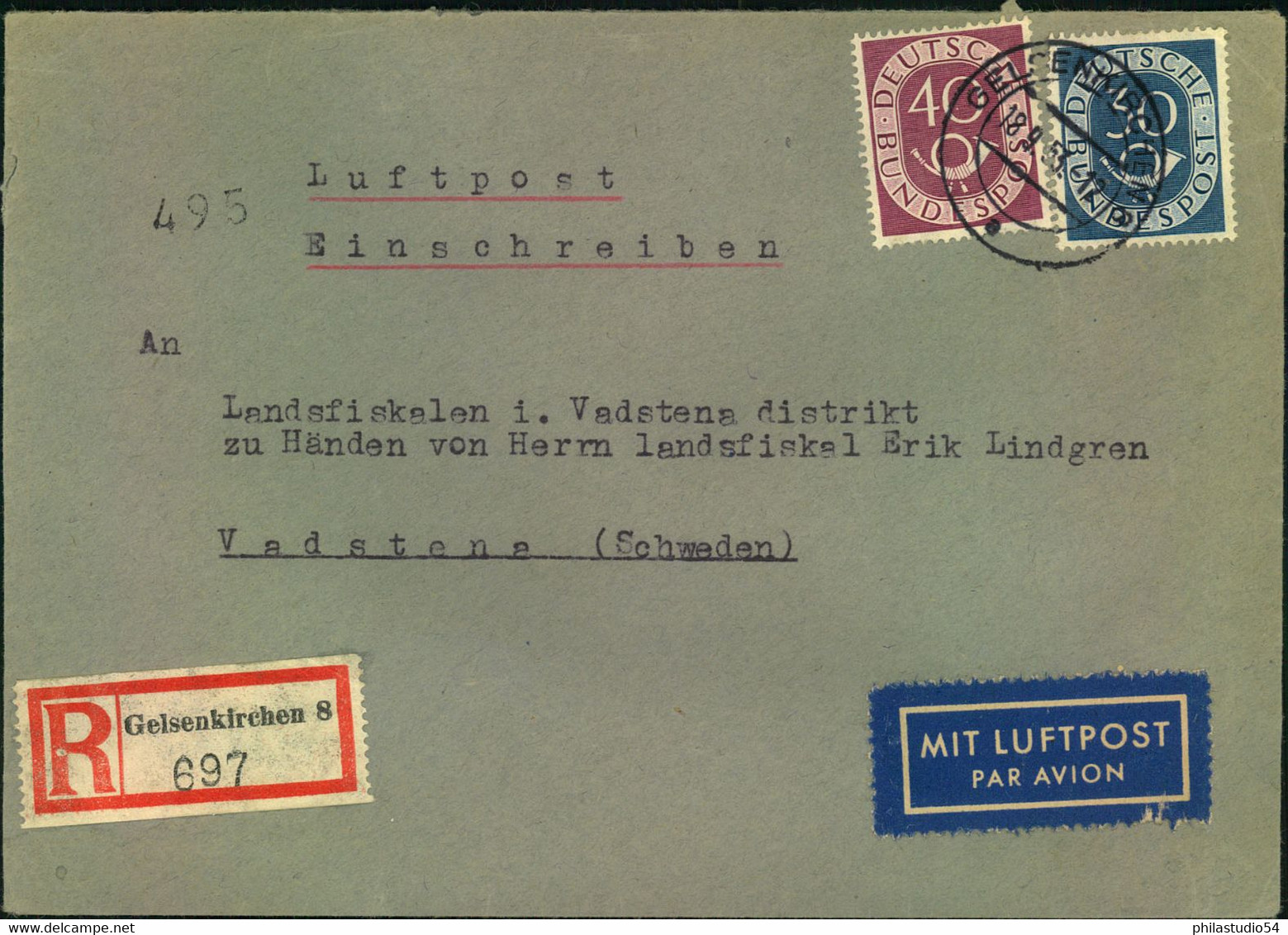 1953, Einschreiben Mit 40 Und 30 Pfg. Posthorn Ab GELSENKIRCHEN Nach Schweden. - Other & Unclassified