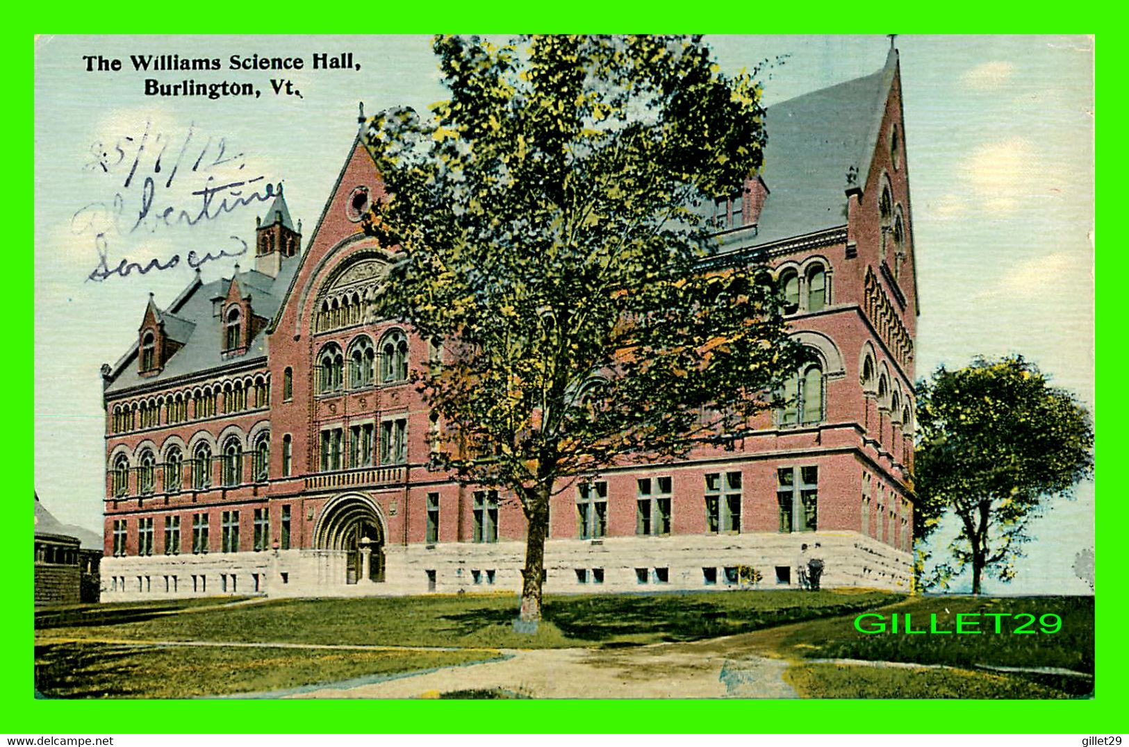 BURLINGTON, VT - THE WILLIAMS SCIENCE HALL - WRITTEN IN 1912 - 3/4 BACK - - Burlington