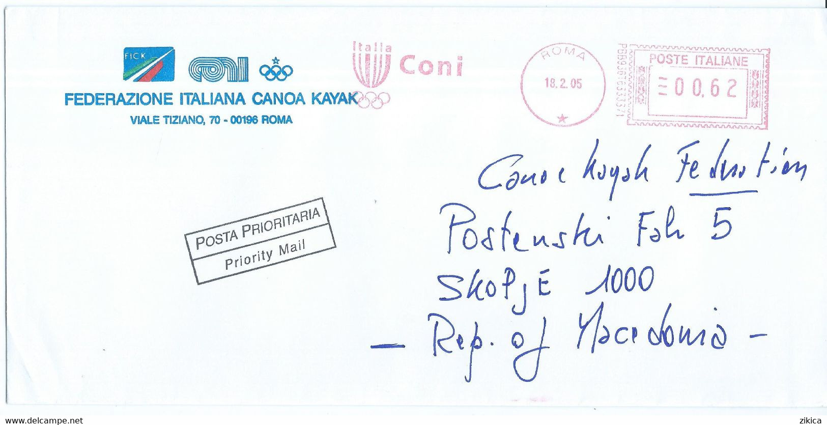 Italy Cover - Federazione Italiana Canoa Kayak ,canoe,canceled 2005,red Metter Stamp Coni,Olympic Games Logo - Canoe