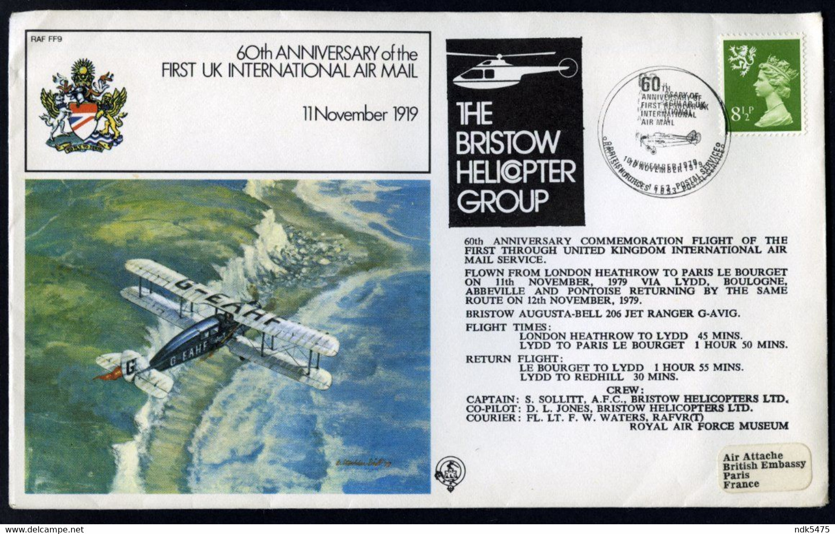 BRISTOW HELICOPTER GROUP : 60th ANNIVERSARY - FIRST UK INTERNATIONAL AIR MAIL, 1919 / LE BOURGET / TRANSAIR FRANCE - Ensayos, Pruebas & Reimpresiones